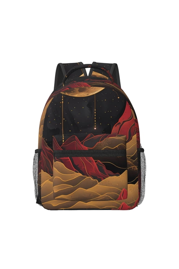Lunar Mountains Golden Rivers Pattern Durable Student Backpack Laptop Bag- Ergonomic Design, Waterproof Twill Fabric - Ideal for School, Travel, and Outdoor Activities-One Size