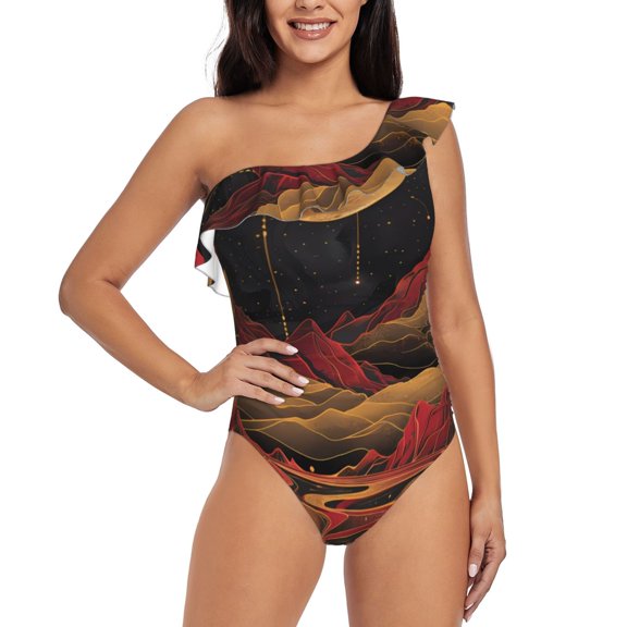 Rateoe Lunar Mountains Golden Rivers Pattern Women One Piece Swimsuits Tummy Control One Shoulder Bathing Suits Ruffle Swimwear-Medium