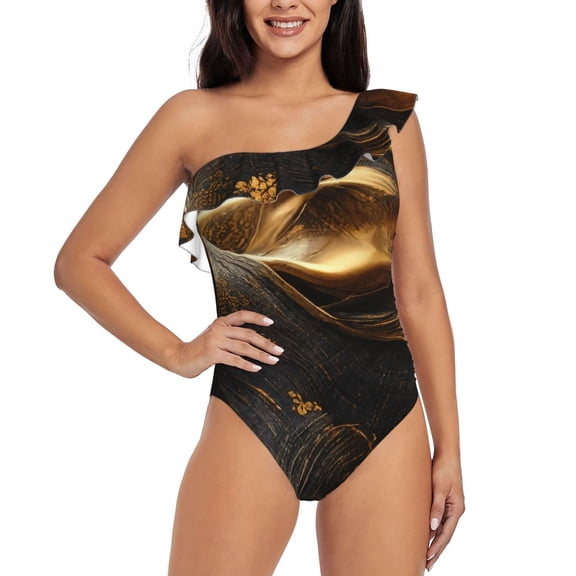 Rateoe Luxurious Gold Flow Pattern Women One Piece Swimsuits Tummy Control One Shoulder Bathing Suits Ruffle Swimwear-X-Large