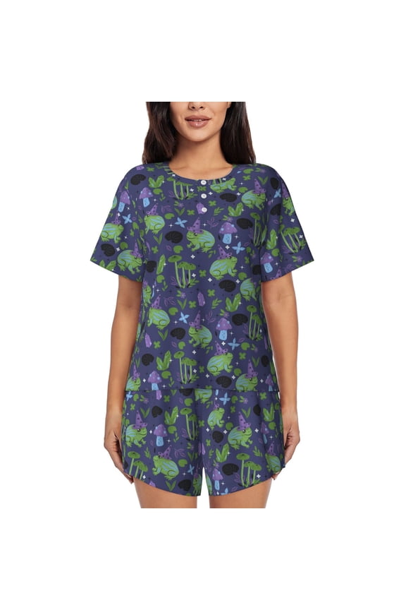 Magic Toads in Hats for 2 Piece Short Sleeves Pajama Sets Casual Lounge Sleepwear Ladies Pjs Sets with Pocket-Large