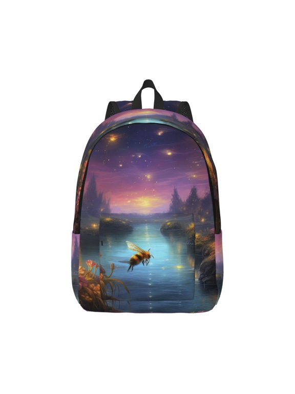 Magical Bees Twilight River Pattern Canvas College Laptop Backpack,Travel Daypack,Durable Rucksack Travel Notebook Bag School Backpack Book Bag for Men Women-Small
