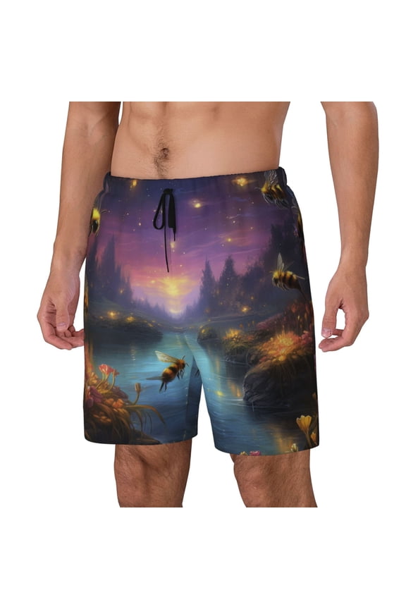 Magical Bees Twilight River Pattern Men’s Swim Shorts with Compression Liner – Double-Layered Quick-Dry Swimwear, Comfortable & Stretchy Beach Shorts-Medium