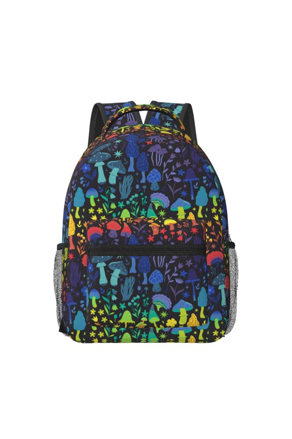 Magical Mushrooms and Flowers Pattern Durable Student Backpack Laptop Bag- Ergonomic Design, Waterproof Twill Fabric - Ideal for School, Travel, and Outdoor Activities