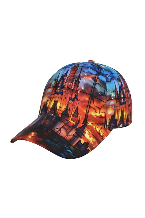 Magical Stained Glass Castle Pattern Mens Baseball Cap Adjustable Curved Brim Hat, Soft Cotton Sports Cap for Outdoor, Casual, and Everyday Wear, Comfortable & Breathable