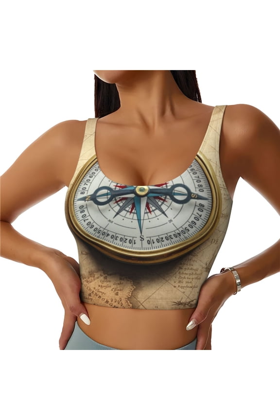Magnetic Old Compass On World Map Print Womens' Sports Bras Scoop Neck Sports Vest- Padded U Back Seamless High Impact Support-X-Large