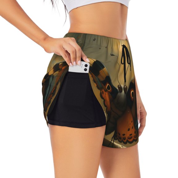 Rateoe Majestic Butterfly Sunset Printed 2 in 1 Women's Workout Shorts for Athletic Gym Running Shorts with Phone Pockets-Medium