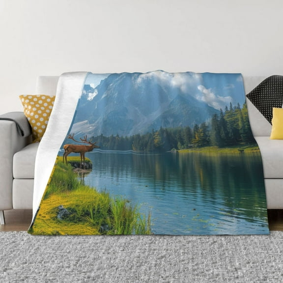 Rateoe Majestic Deer Mountain Lake Pattern Flannel Throw Blanket, Ultra-soft Blanket for Bed, Couch, Car, Hypoallergenic Anti-pilling blanket-
