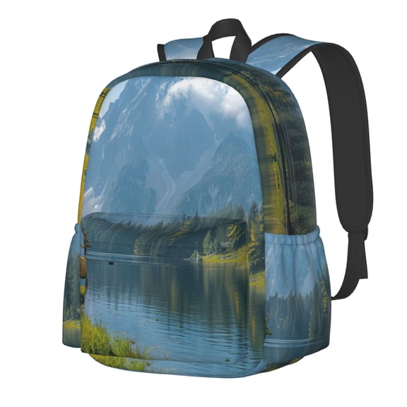 Rateoe Majestic Deer Mountain Lake Pattern Student Backpack,Backpack for School,Lightweight Bag,Travel Backpack,Outdoor Backpack,Large Capacity Backpack