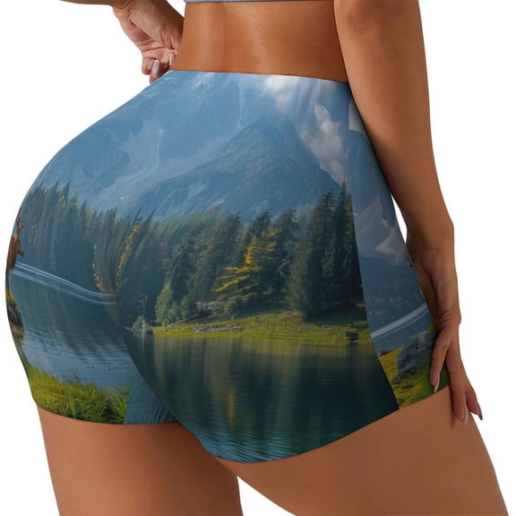 Rateoe Majestic Deer Mountain Lake Printed Power Workout Shorts for Women Tummy Control Squat Proof Ribbed Thick Seamless Scrunch Active Short-X-Large