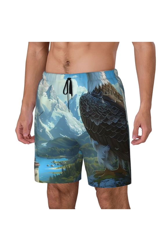 Majestic Eagle Over Castle Pattern Men’s Swim Shorts with Compression Liner – Double-Layered Quick-Dry Swimwear, Comfortable & Stretchy Beach Shorts-Small