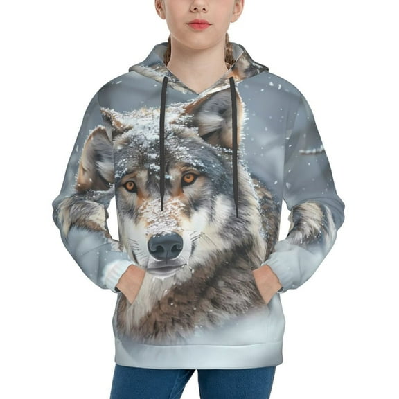 Rateoe Majestic Snowy Wolf Pattern Boys Hoodie, Youth Pullover Hooded Sweatshirt, Kangaroo Pocket Hoodie for Kids-X-Large