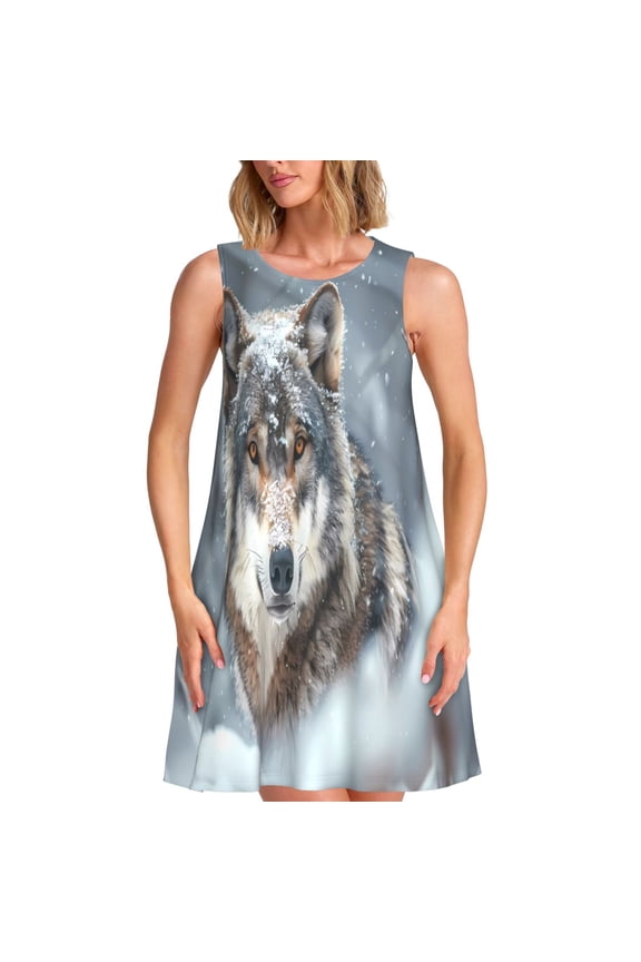 Majestic Snowy Wolf Pattern Women’s Sleeveless Dress,Casual Summer Dress,A-line Sleeveless Dress Versatile Summer Dress Stylish Day Dress