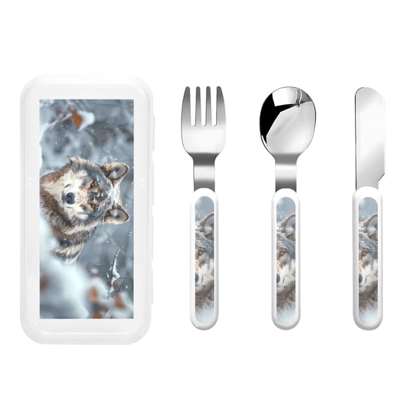Rateoe Majestic Snowy Wolf for Stainless Steel Kids Silverware Set - Child and Toddler Safe Flatware - Children's Knife, Fork And Spoon Set
