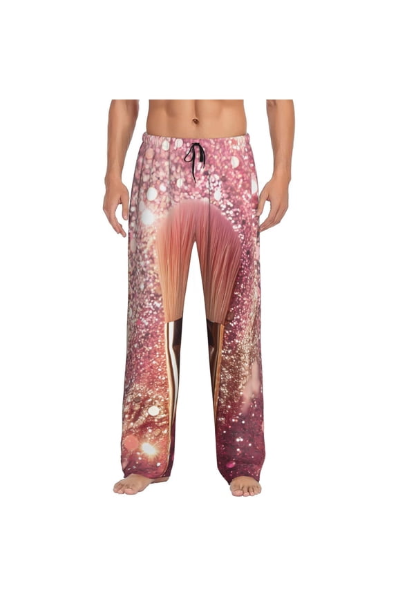 Makeup Brush on Pink Glitter Pattern Men’s Ultra-Soft Comfy Pajama Lounge Pants Sleepwear,Comfortable Lounge Wear,lightweight Pajamas, Casual Home Wear-Medium