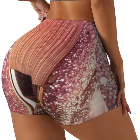 Rateoe Makeup Brush on Pink Glitter Printed Power Workout Shorts for Women Tummy Control Squat Proof Ribbed Thick Seamless Scrunch Active Short-Medium