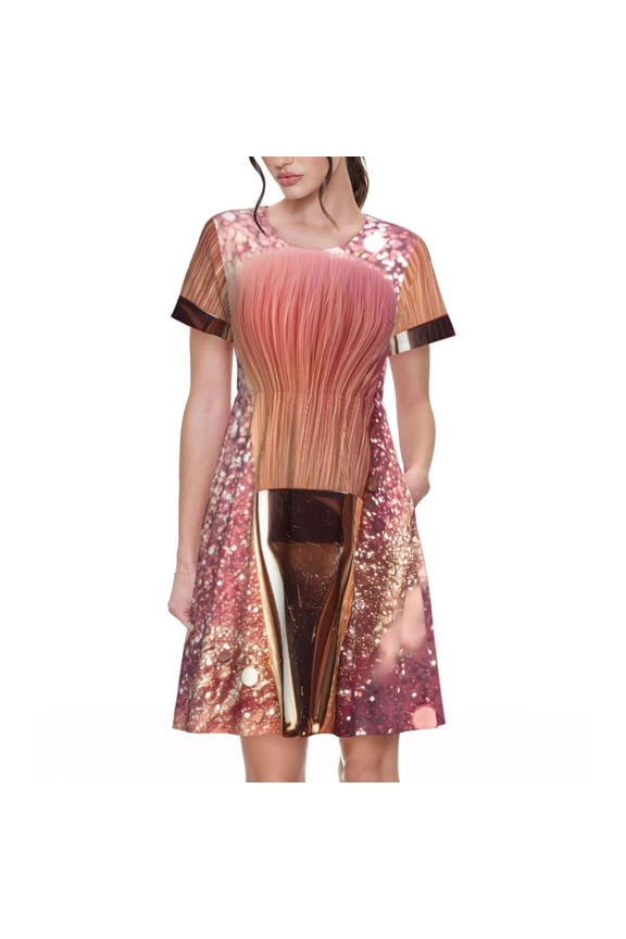 Makeup Brush on Pink Glitter Pattern Women’s Short Sleeve Dress – Casual Elegant Summer A-Line Dress for Everyday Wear