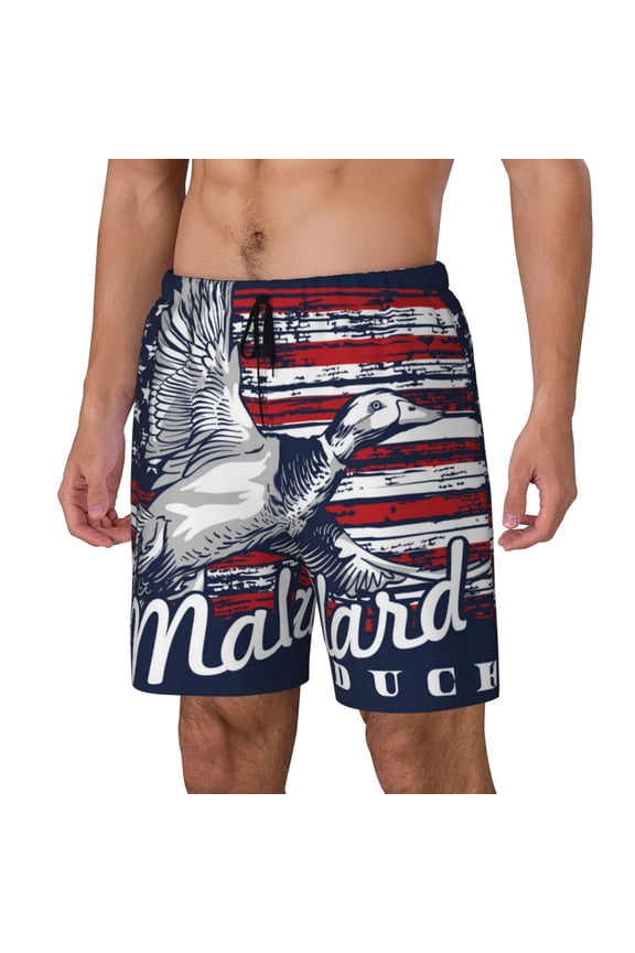Mallard Duck With American Flag Pattern Men’s Swim Shorts with Compression Liner – Double-Layered Quick-Dry Swimwear, Comfortable & Stretchy Beach Shorts-3X-Large