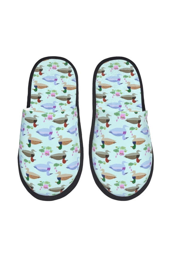 Mallard Duck Of Lotus Flowers Pattern Fuzzy Slippers Fuzzy Soft House Slippers Plush Furry Warm Cozy Open Toe Fluffy Home Shoes-Medium