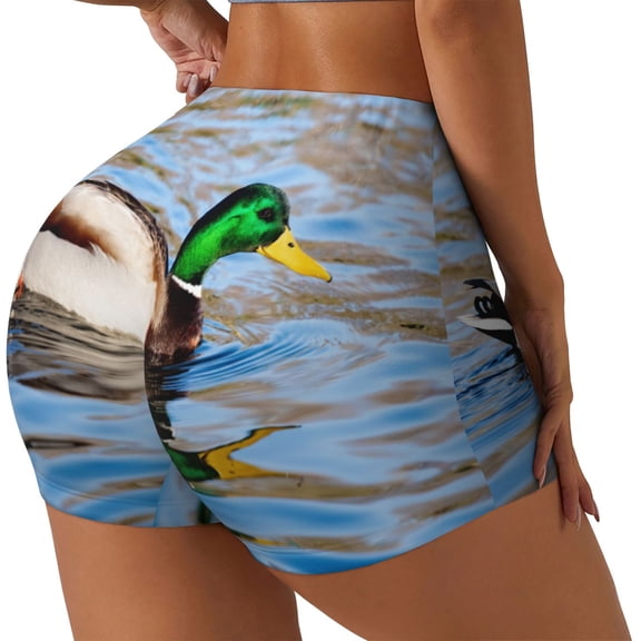 Rateoe Mallard Duck Swimming In A River Printed Power Workout Shorts for Women Tummy Control Squat Proof Ribbed Thick Seamless Scrunch Active Short-X-Large