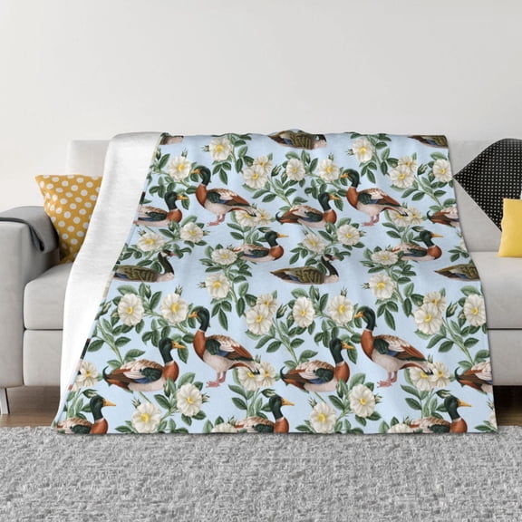 Rateoe Mallard Ducks And Roses Pattern Flannel Throw Blanket, Ultra-soft Blanket for Bed, Couch, Car, Hypoallergenic Anti-pilling blanket-