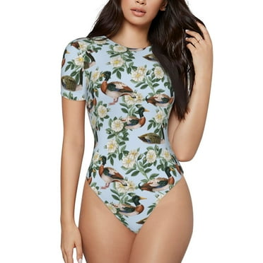 Rateoe Mallard Ducks And Roses Printed Women Rash Guard Short Sleeve,Tummy control Swimsuit Surfing Swimsuit Bathing Suit Short-sleeved Onesie UPF 50  -Small