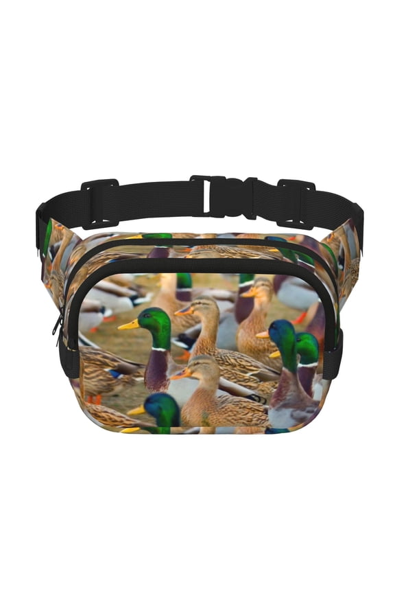 Mallard Ducks Print Fanny Pack Belt Bag for Women and Men, Square Double-Layer Waterproof Waist Pack with Adjustable Strap for Hiking, Jogging, Cycling