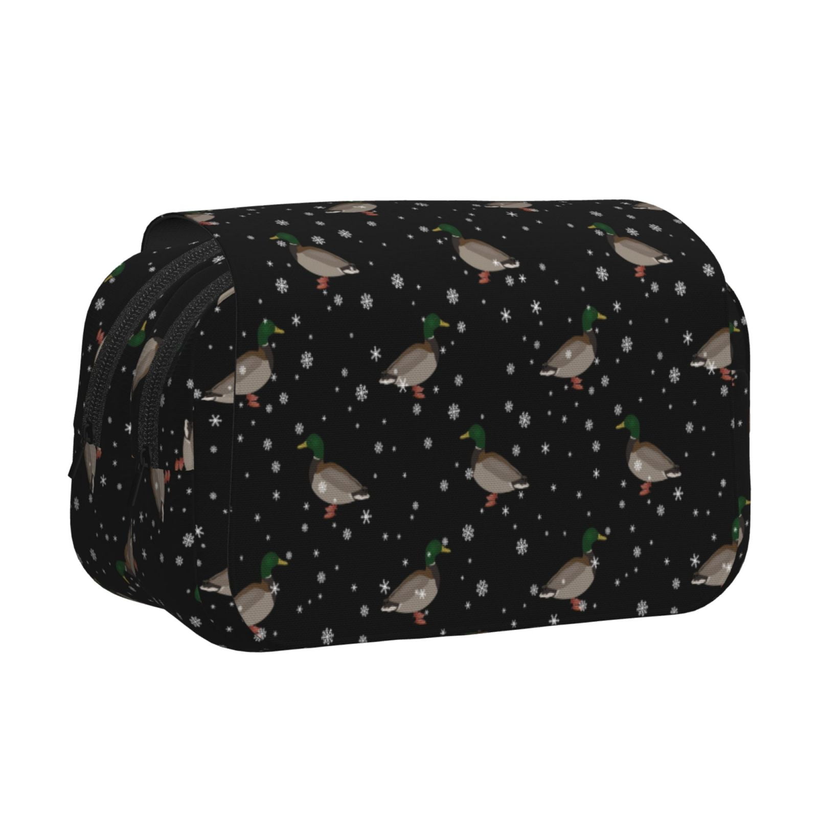 Rateoe Mallards And Snowflakes Pattern Double Clamshell Pen Case, Storage Organizer with Two Zipper Compartments– Holds Up to 50 Pencils & Pens