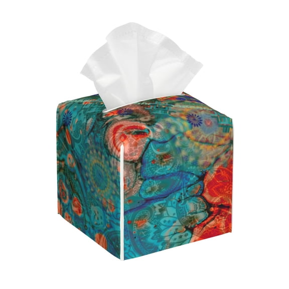 Rateoe Mandala Colorful Pattern Tissue Box Cover, Modern Square Decorative Leather Facial Paper Case Organizer Holder Dispenser 5X5X5''