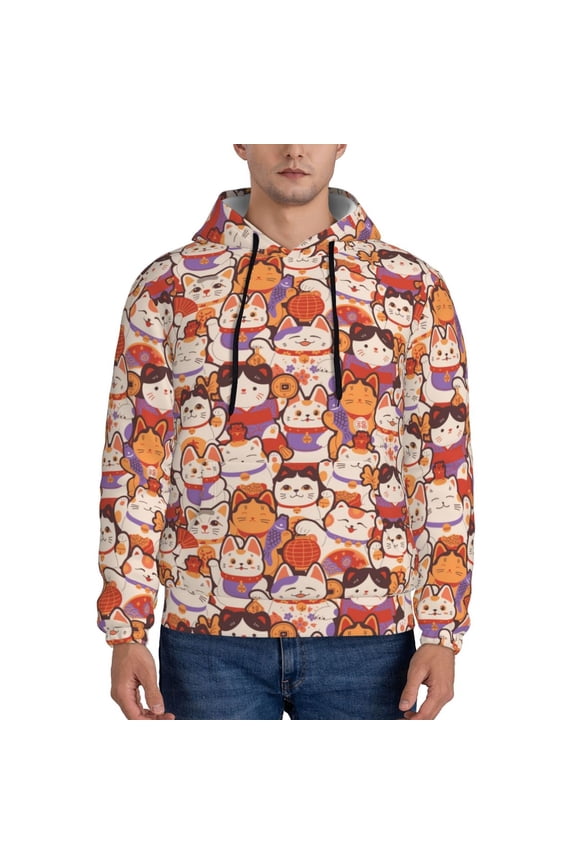 Maneki-Neko Cats Pattern Mens Hoodie, Pullover Hooded Sweatshirt, Kangaroo Pocket Hoodie Ideal for Daily Wear, Travel and Home-Medium