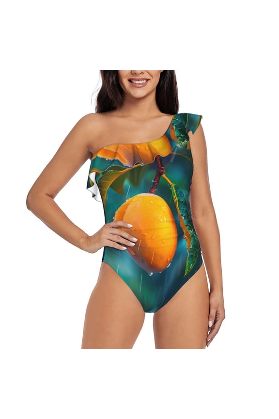 Mango In The Rain Pattern Women One Piece Swimsuits Tummy Control One Shoulder Bathing Suits Ruffle Swimwear-Small