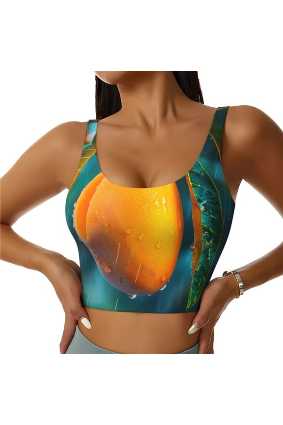 Mango In The Rain Print Womens' Sports Bras Scoop Neck Sports Vest- Padded U Back Seamless High Impact Support-