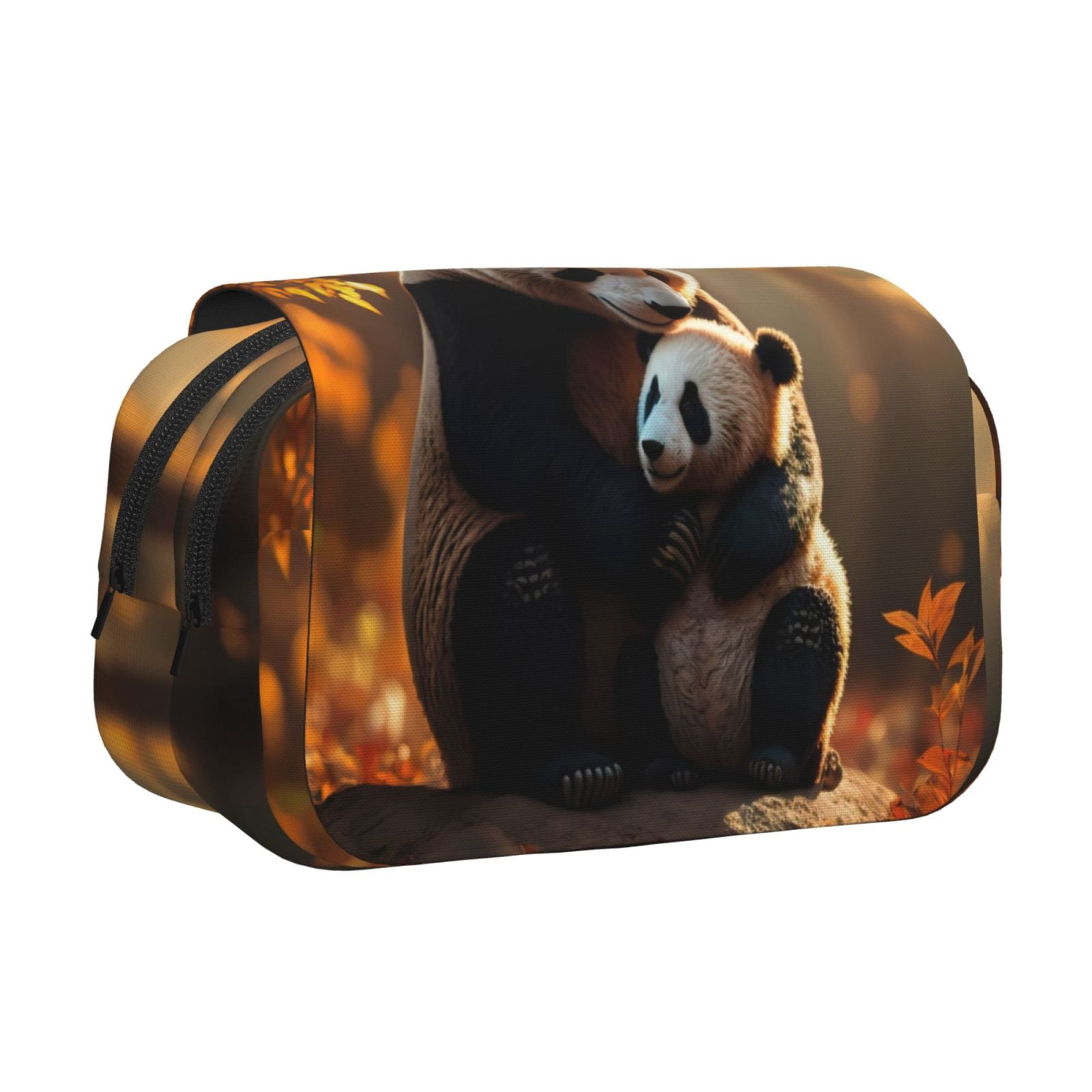 Rateoe Maple Forest Panda Pattern Double Clamshell Pen Case, Storage Organizer with Two Zipper Compartments– Holds Up to 50 Pencils & Pens