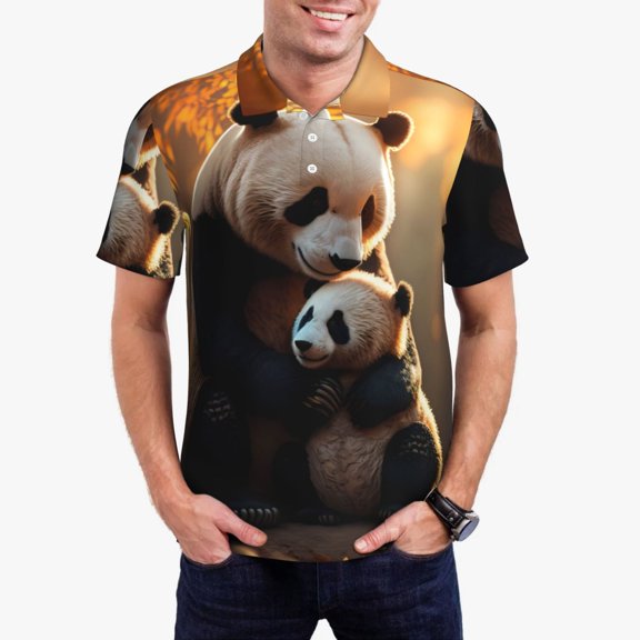 Rateoe Maple Forest Panda Pattern Men's Short Sleeve Polo Shirts, Golf Polo Shirts Short Sleeve Performance Moisture Wicking Dry-X-Large