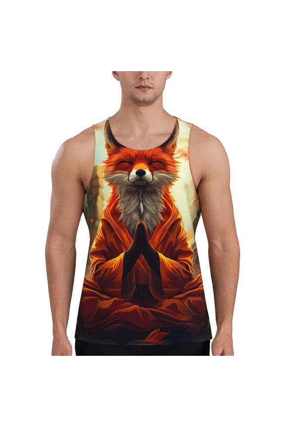 Maple Leaf Meditating Fox Pattern Sleeveless Gym Shirt Muscle Tee Breathable Workout Shirt Slim-Fit Tank Quick Dry Fit Muscle Tank Top Bodybuilding Sleeveless T Shirt-