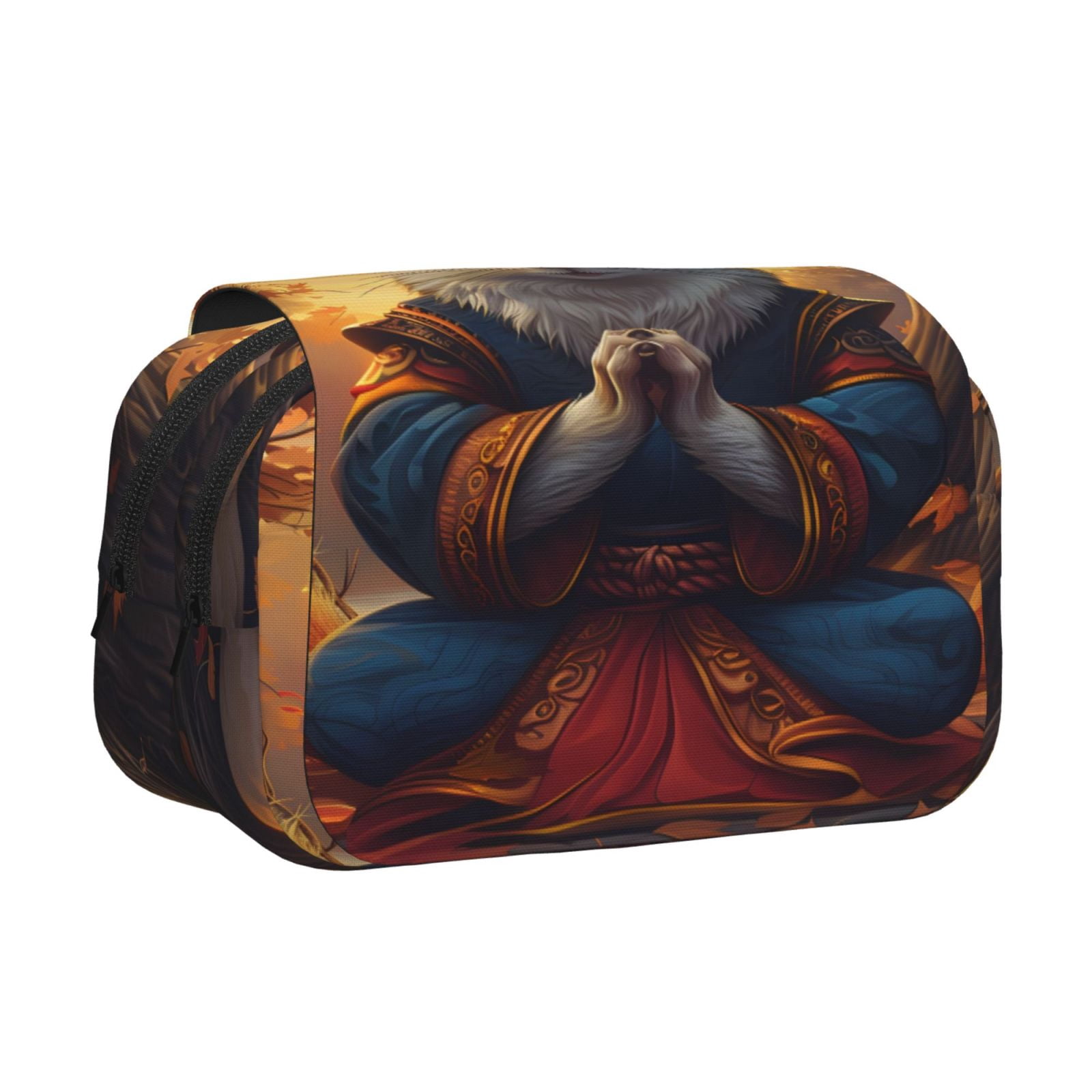 Rateoe Maple Leaf Meditating Squirrel Pattern Double Clamshell Pen Case, Storage Organizer with Two Zipper Compartments– Holds Up to 50 Pencils & Pens