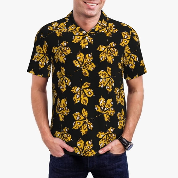 Rateoe Maple Leaves With Leopard Pattern Men's Short Sleeve Polo Shirts, Golf Polo Shirts Short Sleeve Performance Moisture Wicking Dry-Small