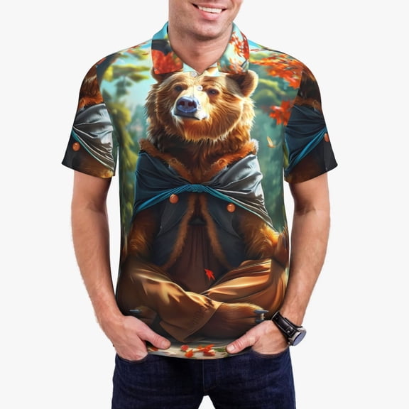 Rateoe Maple Meditating Bear Pattern Men's Short Sleeve Polo Shirts, Golf Polo Shirts Short Sleeve Performance Moisture Wicking Dry-Large
