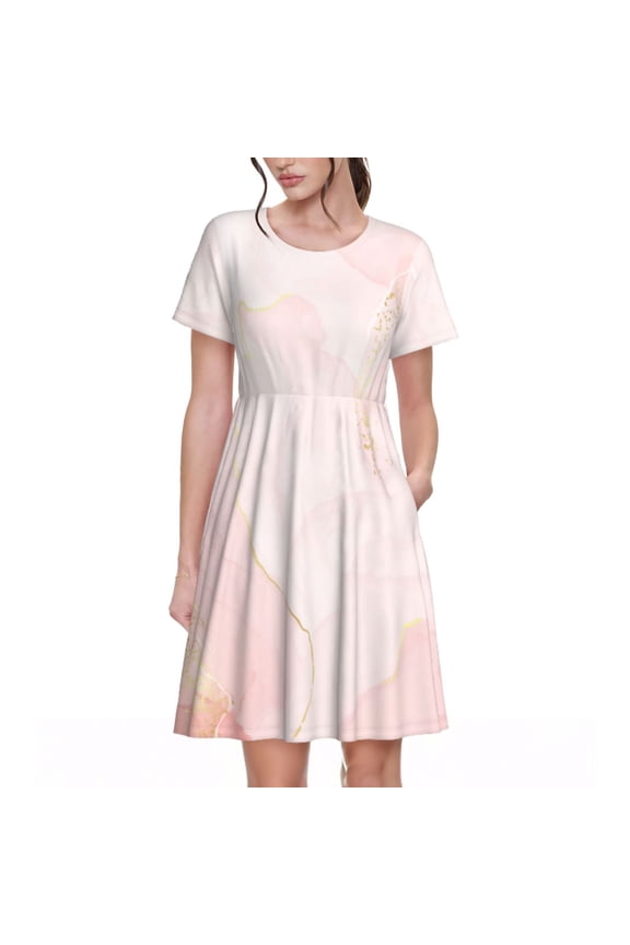 Marble Pattern Women’s Short Sleeve Dress – Casual Elegant Summer A-Line Dress for Everyday Wear