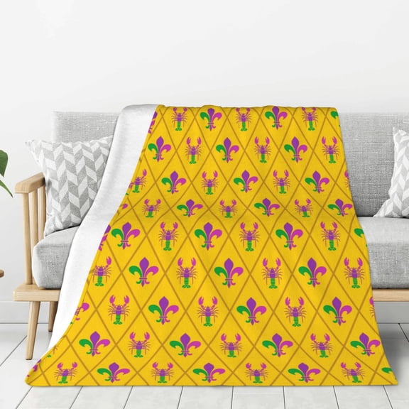 Rateoe Mardi Gras Crayfish and Fleur de lis Pattern Flannel Throw Blanket, Ultra-soft Blanket for Bed, Couch, Car, Hypoallergenic Anti-pilling blanket-40"x30"(Vertical)