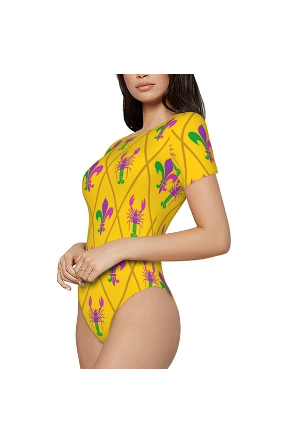Mardi Gras Crayfish and Fleur de lis Printed Women Rash Guard Short Sleeve,Tummy control Swimsuit Surfing Swimsuit Bathing Suit Short-sleeved Onesie UPF 50+