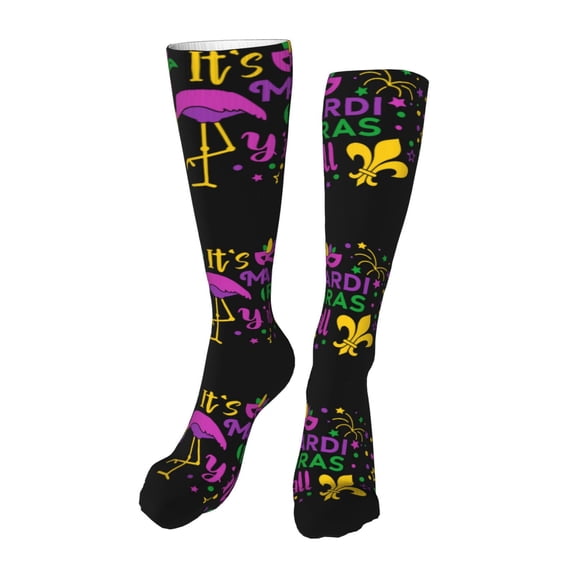Rateoe Mardi Gras with Flamingo print Women's Men's Novelty 20in Crew Socks Cotton Socks Knee High Socks for Walking,Running,Nurses,Pregnancy-One Size