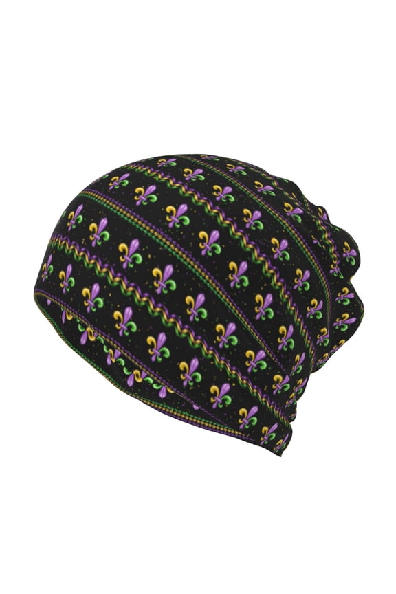 Mardi Gras Fleur de Lis Cotton Slouchy Beanie Hat for Men/Women,Lightweight Oversize Large Thin Skull Cap Night Sleeping Cap