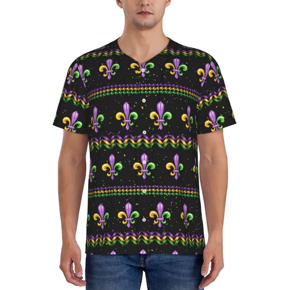 Rateoe Mardi Gras Fleur de Lis Pattern Men’s Baseball Short Sleeve Polo Shirt, Midweight Men's Shirt Golf Shirt Polo Shirts Quick Dry Short-XX-Large