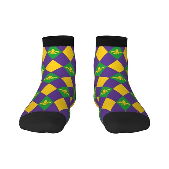 Rateoe Mardi Gras Pattern Quarter Crew Socks,Toe Seamed Ankle Socks,Cotton Cushioned Breathable Athletic Crew Sports Socks