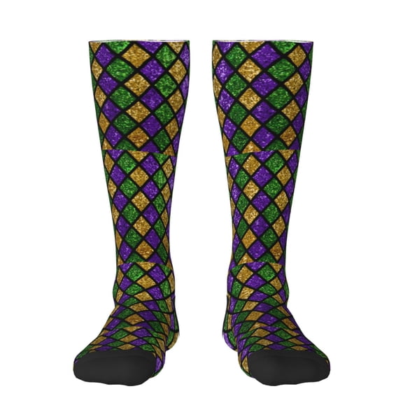 Rateoe Mardi Gras Shiny Green Purple Pattern Women’s Knee High Crew Socks,Trouser Socks Comfortable, Breathable, Moisture-Wicking and Soft