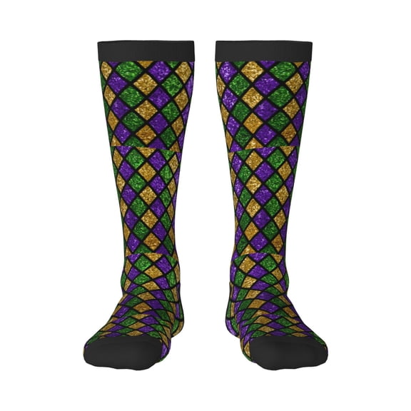 Rateoe Mardi Gras Shiny Green Purple Pattern Women’s Knee High Crew Socks,Trouser Socks Comfortable, Breathable, Moisture-Wicking and Soft