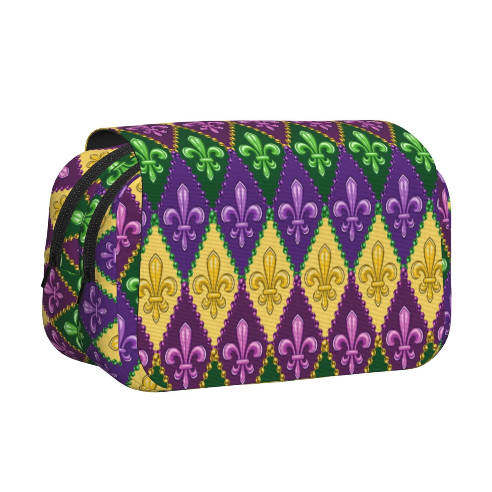 Rateoe Mardi Gras4 Pattern Double Clamshell Pen Case, Storage Organizer with Two Zipper Compartments– Holds Up to 50 Pencils & Pens