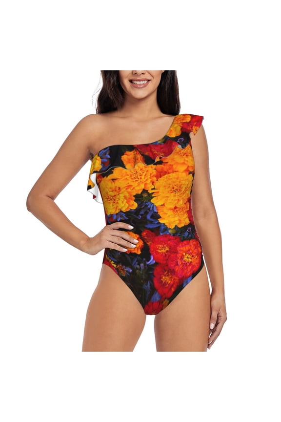 Marigold Flowers In Different Colors Pattern Women One Piece Swimsuits Tummy Control One Shoulder Bathing Suits Ruffle Swimwear-