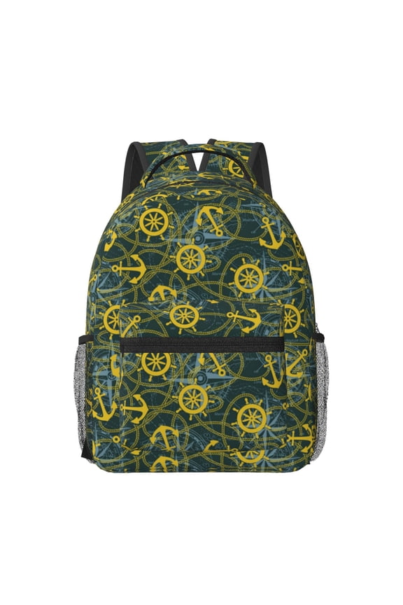 Marine Anchors And Compass Pattern Durable Student Backpack Laptop Bag- Ergonomic Design, Waterproof Twill Fabric - Ideal for School, Travel, and Outdoor Activities
