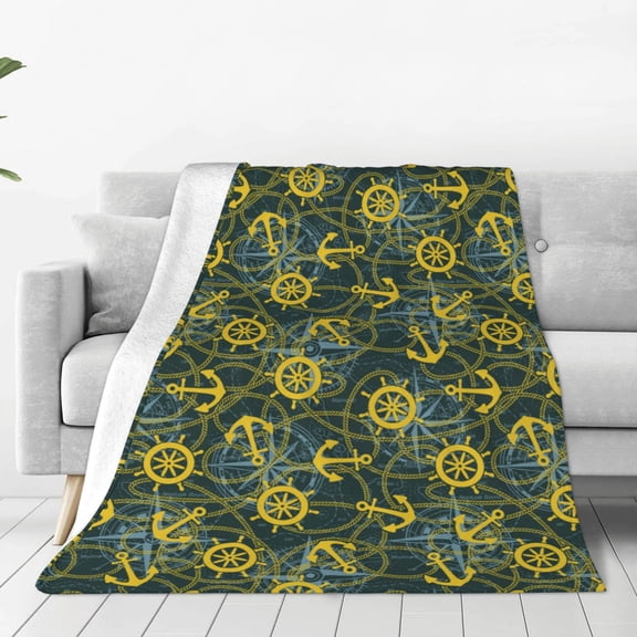 Rateoe Marine Anchors And Compass Print Fuzzy Fleece Throw Blanket Extra Large,Super Soft,Fluffy and Warm Blankets for Couch,Bed,All Season Use (50"x40")
